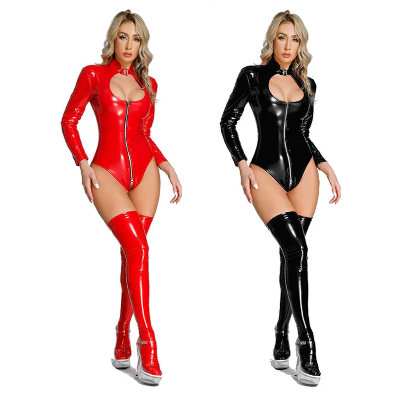 

Women Sexy Open Crotch Leather Bodysuit For Erotic Crotchless Catsuit Ladies Leotard with Socks Breast Exposing Shiny Latex