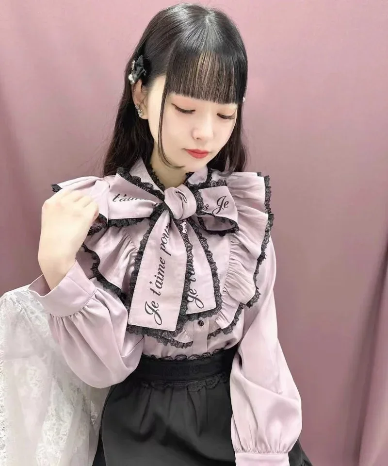 美品 liten リテン Sweet pea Blouse ブラック Plus Size] Stand Collar Yoke Bishop Sleeve Blouse