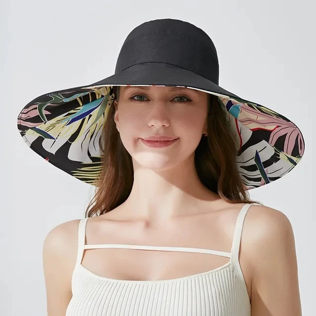 Summer Large Brim Reversible Fisherman's Hat Fashion Simple Printed Sun Shading Sunscreen Hat Female Tide Beach Vacation