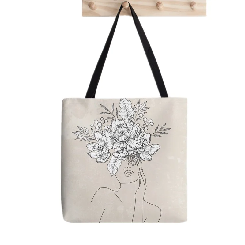 Women Shopper bag Line Face Flowers and Woman Bag Harajuku Shopping Canvas Shopper Bag girl handbag Tote Shoulder Lady Bag