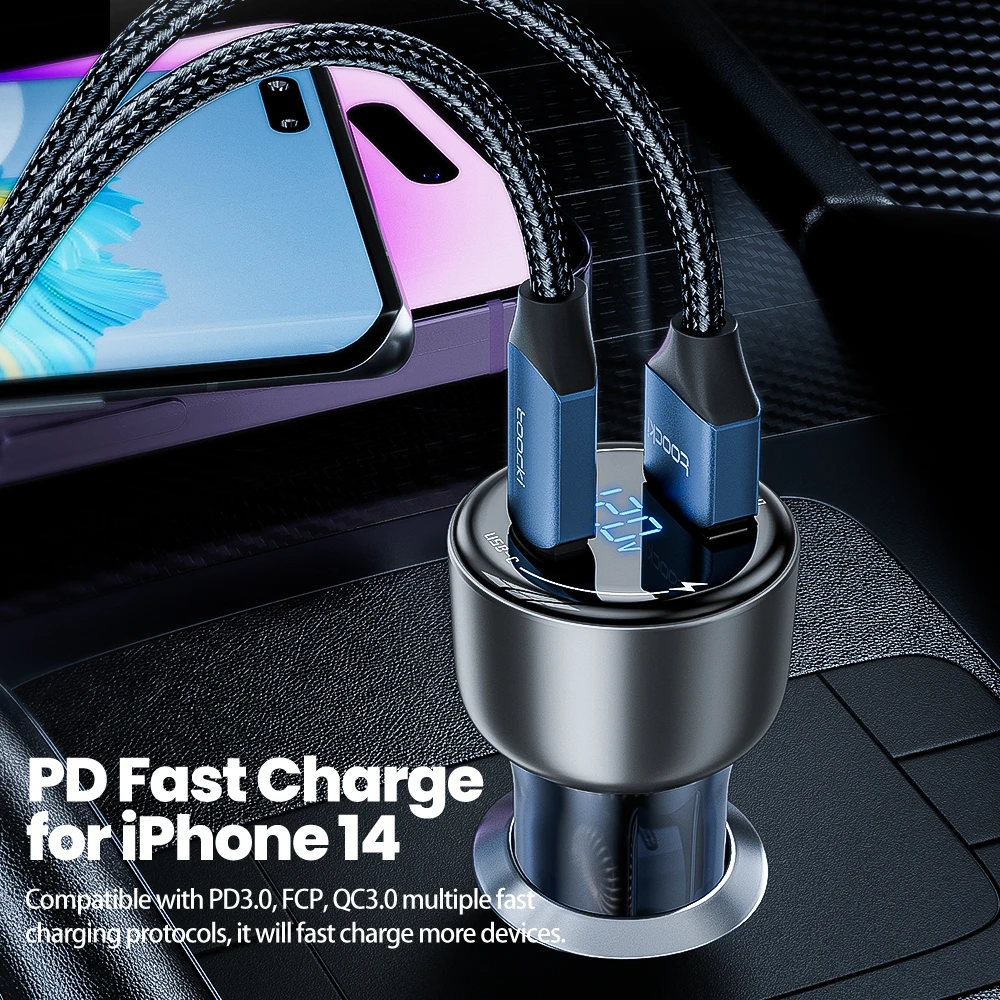 USB Car Charger 87.5W Type C Quick Charger For iPhone Xiaomi Samsung QC PD 3.0 LED Display Type C Car For Laptop