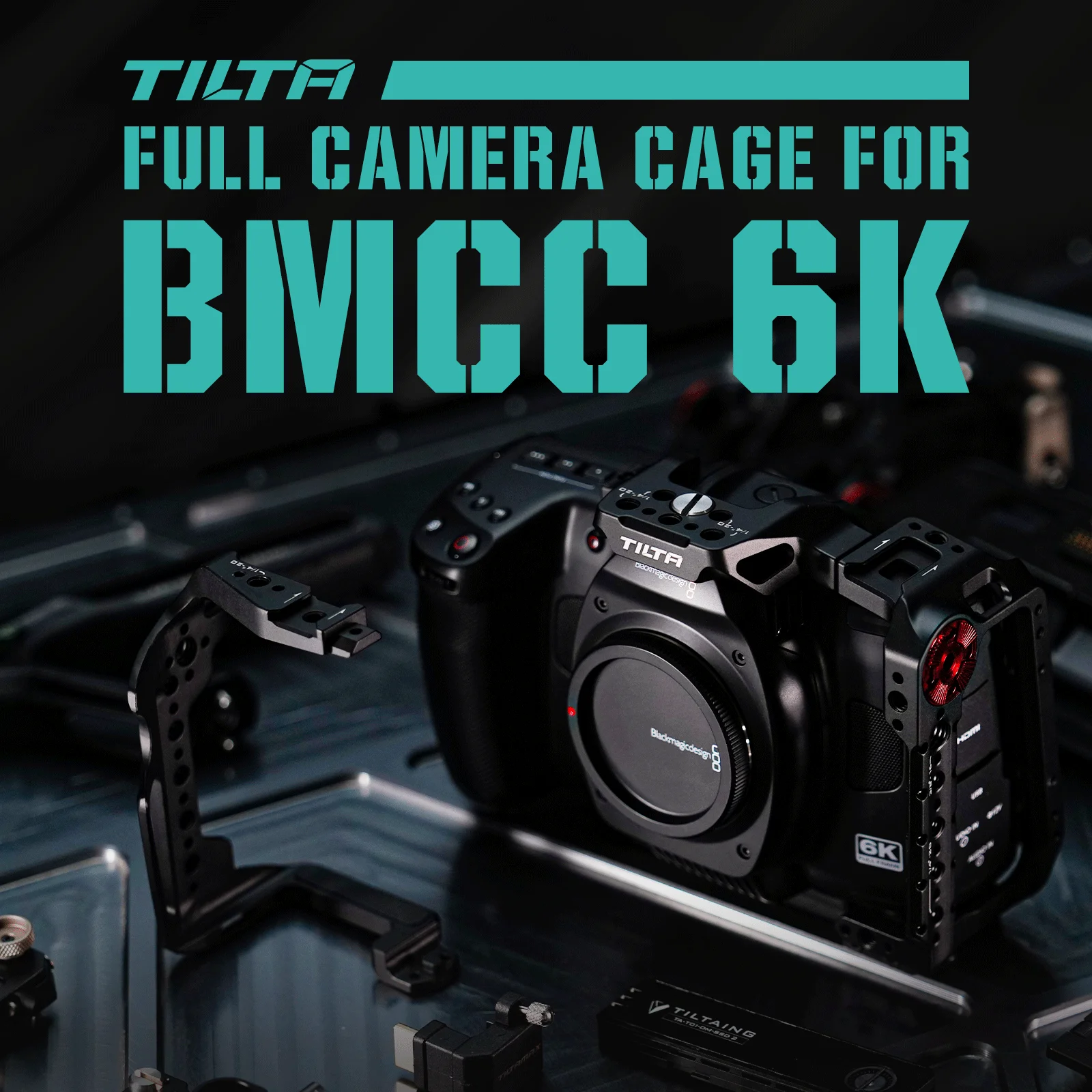 TILTA TA-T64-A-B 풀 카메라 케이지, BMCC 6K 고급 키트, 기본 키트, Xeno 탑 핸들, 1/4 인치-20, 위치 핀 포함, 15mm 로드 거치대