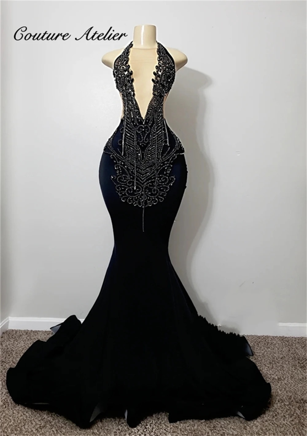 

Black Tassels Crystal Halter Prom Dresses 2024 For Black Girls Silver Beaded Mermaid Wedding Evening Dress Luxious Formal