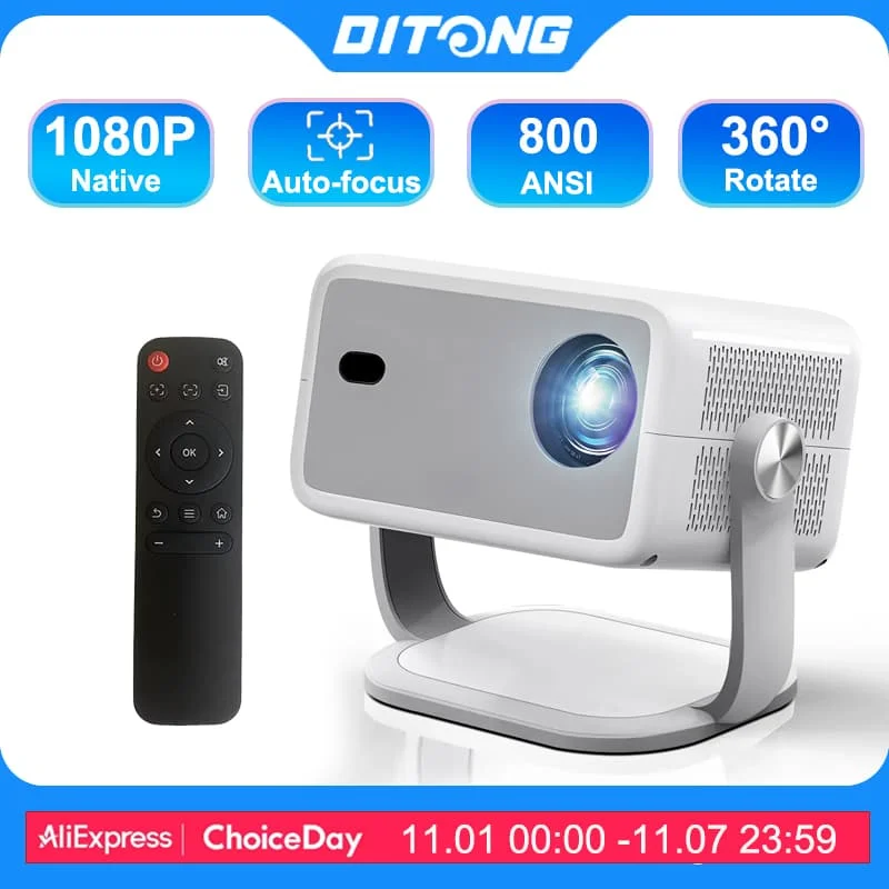 DITONG 1080P 800ANSI 4K Android 11 360° HD Projector With Auto Keystone Correction Focus Wifi6 BT5.2 Portable Outdoor