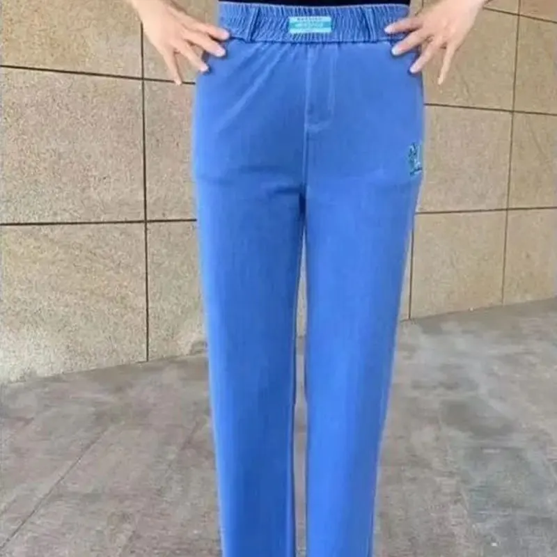 2023 Spring Summer Denim Straight Pants Elastic Women's Clothing Pockets Spliced Stylish Letter Embroidery High Waist Trousers