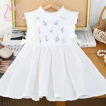 Baby Girl Summer Sleeveless Embroidered Dress Fashionable Children Soft Cotton Clothing Toddler Flower Dresses Newborn Costume 1