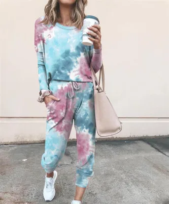 

2024 2Pcs Loungewear Women Set Tie Dye Jogger Suit Long Sleeve Round Neck Pants Sleepwear Loungewear Pyjamas Women HomeWear