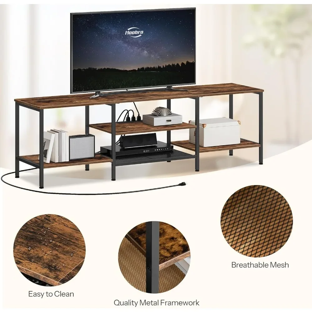 New2025-TV Stand with Power Outlets to 75 Inches, TV Console Table with Open Storage Shelves Cabinet, Industrial Media Entertain