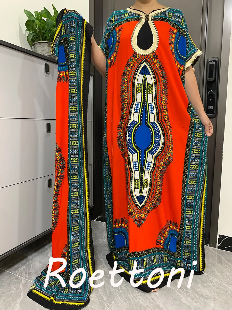 

New Pattern Print Muslim Fashion Africa Clothing Short Sleeve Loose Kaftan Dresses Dubai Women's Maxi Robe With Scarf For Sets