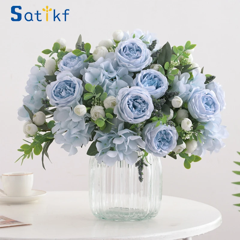 Blue Silk Bouquets Artificial Forest Hydrangea Peony Bud Wedding Bride Hand Bouquet Home Garden Decor