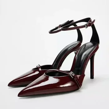 Elegant Ankle Strap Patent Leather Thin High Heels Women Summer Sexy Pointed Toe High Heeled Sandals Luxury Banquet Wedding Shoe