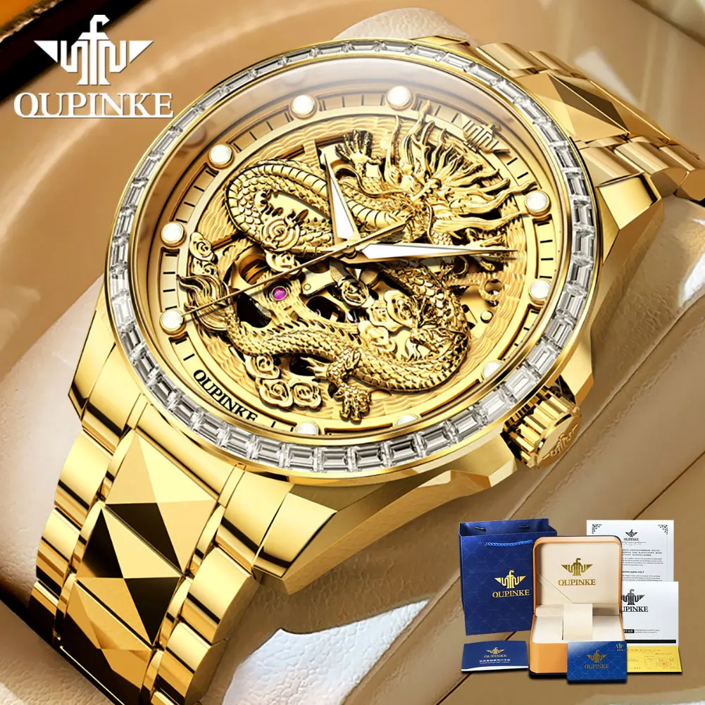 OUPINKE Gold Dragon Automatic Watch for Men Imported Movement Sapphire Mirror Tungsten steel Skeleton Mechanical Men's Watches imported mahogany head teapot leather box stainless steel shisha hookah pot mig complete set