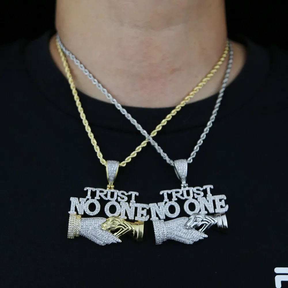 Men Rock Hip Hop Trust No One Pendant Necklace Cuban Chain Hip Hop Iced Out Pendant Necklaces Fashion Punk Jewelry Gift
