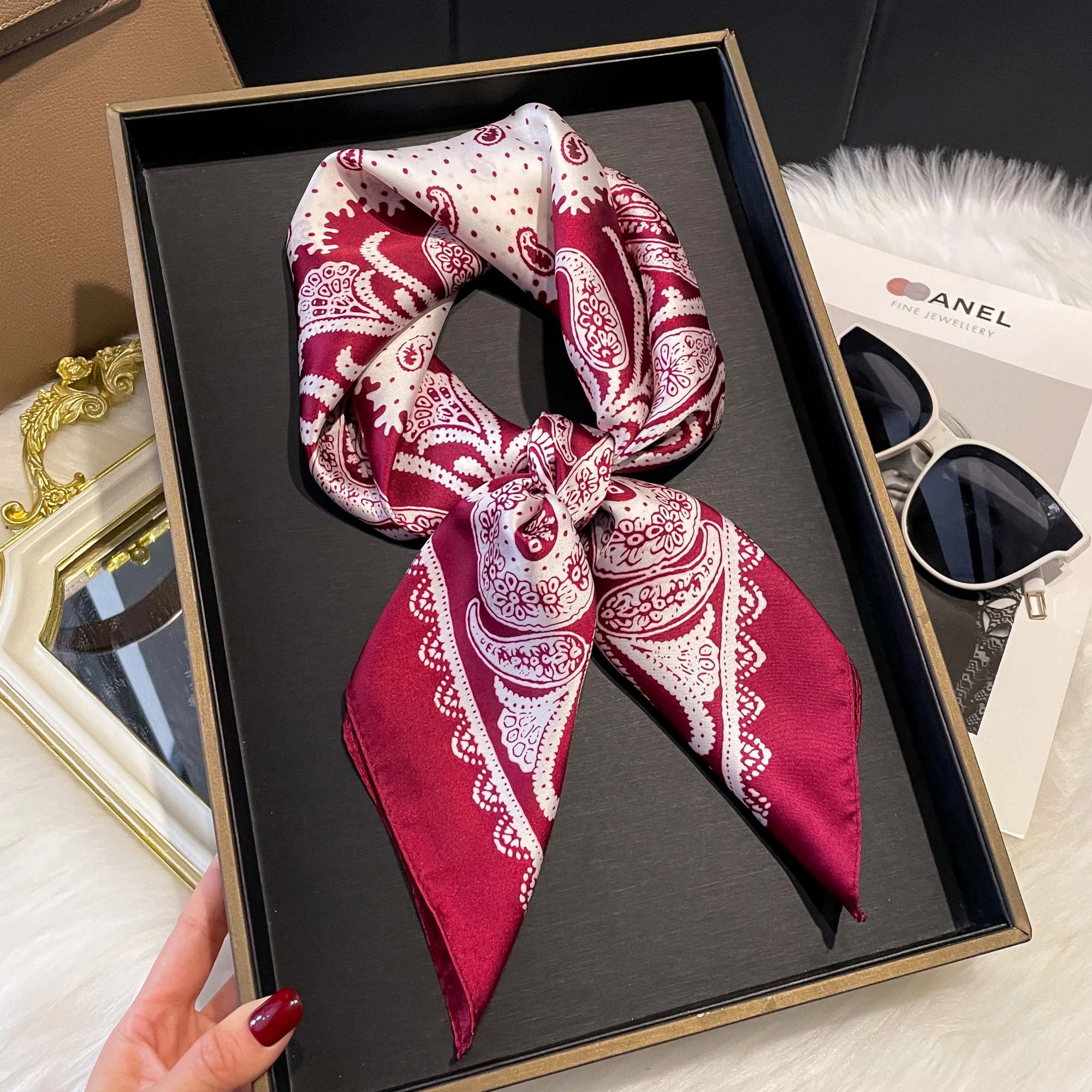 New Luxury Print 70*70cm Silk Square Scarf Women Soft Satin Hairband Neckerchief Tie Female Headband Foulard Bag Ribbon Gift