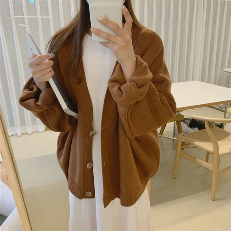 

Новинка 2023, верхняя одежда, свободный однотонный минималистичный универсальный топ, свитер, Женский Осенний вязаный кардиган, пальто для женщин