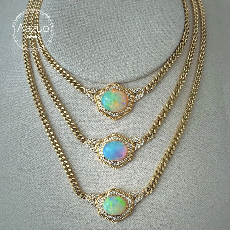 Aazuo 18K Yellow Gold Real Natural Opal 1.6ct Real Diamond Geometry Necklace With Cuban Chain Gift For Woman Engagement Party