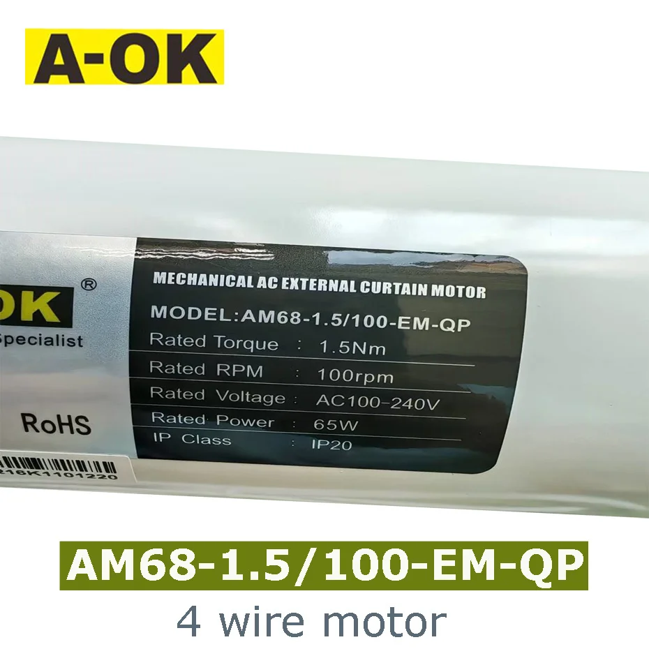 A-OK AM68 1.5N 65W 4 สายผ้าม่านมอเตอร์,สวิทช์ผนัง/485 ควบคุม/Dry Contact Control,100-240V 50/60HZ,สมาร์ทQuietผ้าม่านมอเตอร์ 1