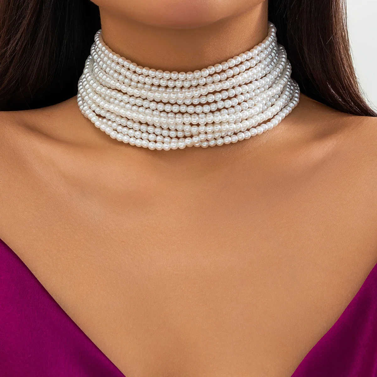 

Exaggerated Imitation Pearl Necklace Multilayer Beaded Choker Neck Chain Women Jewelry Short Necklaces Ladies Vacation