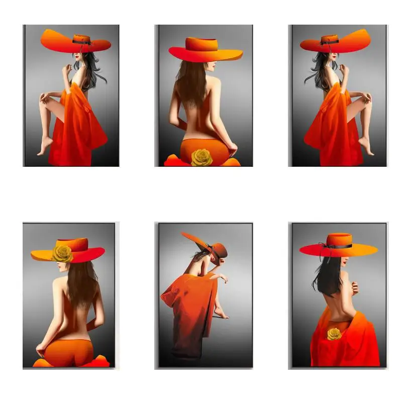 

Modern Art Sexy Orange Big Hat Woman Posters and Prints Canvas Paintings Wall Art Pictures for Living Room Decor Unframed