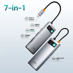 Baseus 7-in-1 USB-C Hub with 4K HDMI, Triple USB 3.0, 100W PD, and SD/TF Card Reader (Silver)