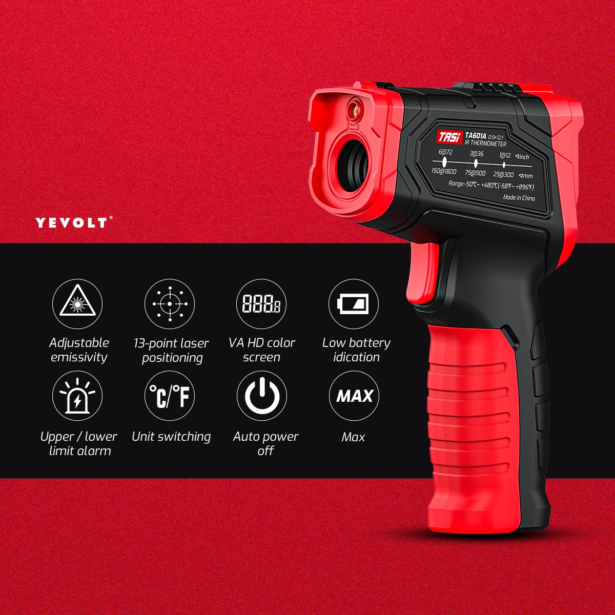 YEVOLT TA601 Series Digital Infrared Thermometer Handheld Non Contact IR Laser  Heat Temperature Gun Point VA HD Color Screen 2