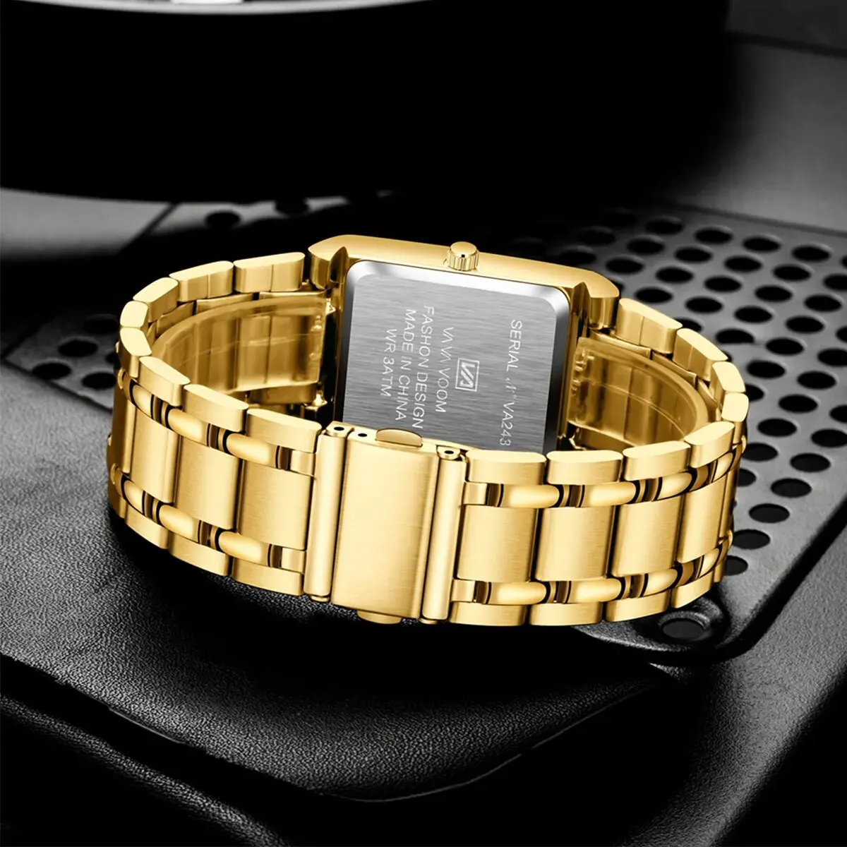 Men Business Watch Simple Design Luxury Fashion Rectangular Black Gold Stainless Steel Calendar Waterproof Quartz Men's Watches 2