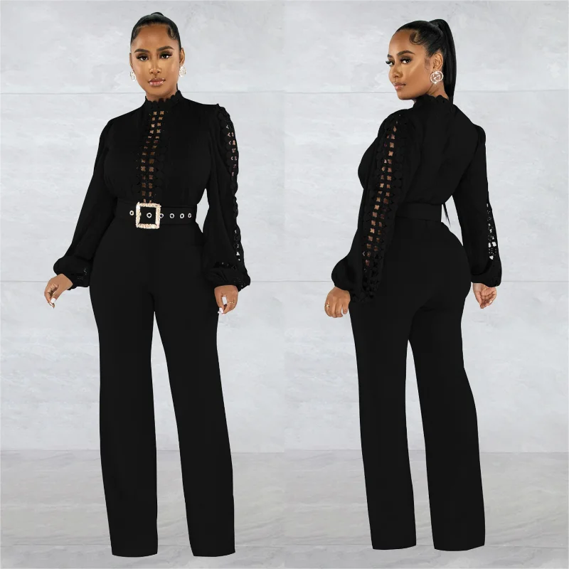 Elegant Hollow Out Office Lady Jumpsuit with Belt Autumn Long Sleeve Wide Leg Pants One Piece Luxury Evening Party Club Playsuit