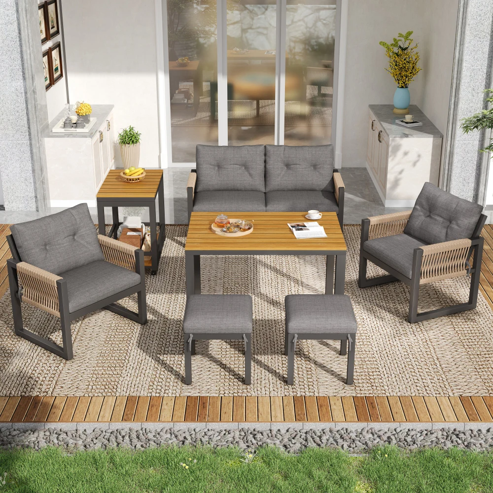 Modernes Outdoor-Mehrsitzer-Sofa-Set mit Eisenrahmen, Geflochtenen Armlehnen, Weichen Sitzkissen & Multifunktionalem Tisch – Detail 9