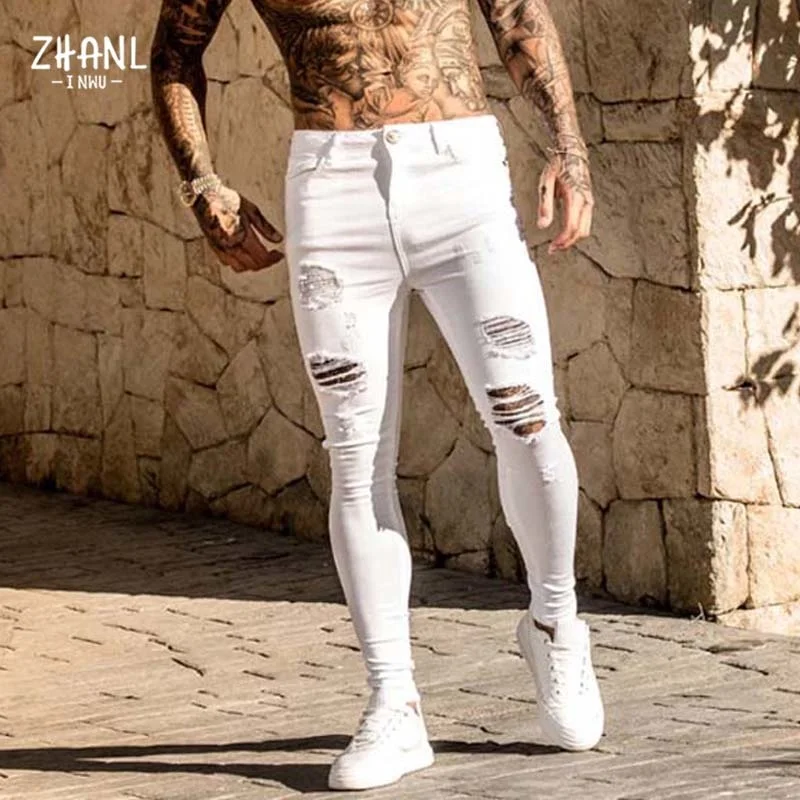 

Fashion White Elastic Skinny Pants Man Ripped Jeans Male Streetwear Vintage Wash Solid Denim Trouser Mens Casual Slim fit Pants