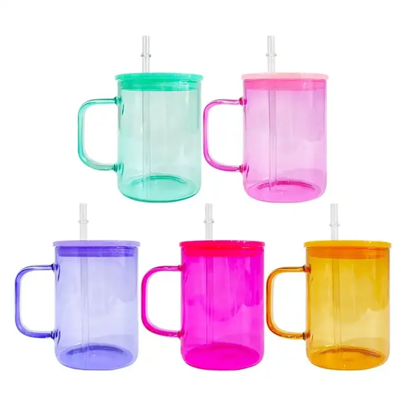 50pcs Colored Transparent 17oz Sublimation Glass Cups Camper Tumbler Juice  Jar Beer Can Beverage Coffee Mugs With Plastic Lids
