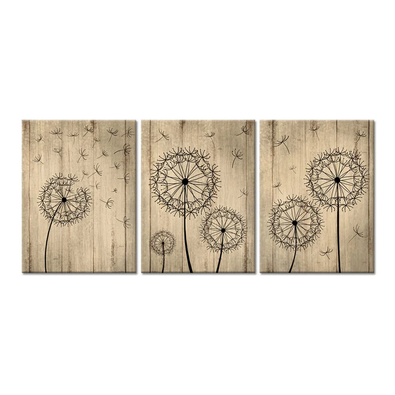 3 Piece Canvas Posters and Prints Dandelion Artwork on Vintage Wood Board Home Decor Poster Flower Print for Room Decoration | Дом и сад