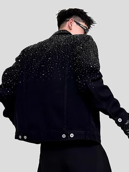 Autumn Winter Denim Jaet Luxury Glittering Drill Heavy Du Sli Men's Top Coat Stand Collar Long Sve Anti-Wrinkle