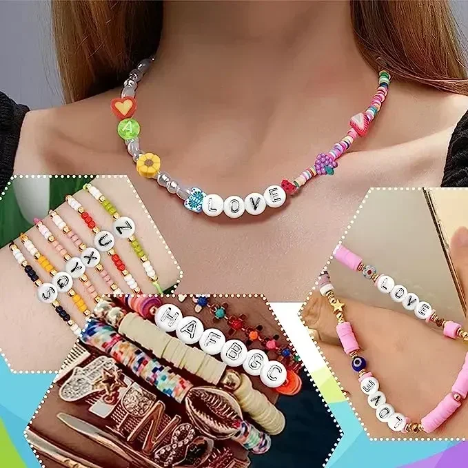 Mélange de Perles Rondes et Plates en Acrylique avec Lettres de l'Alphabet, Espacement pour Bijoux de Direction, Bracelet, Collier Fait à la Main, 100/200/300 Pièces