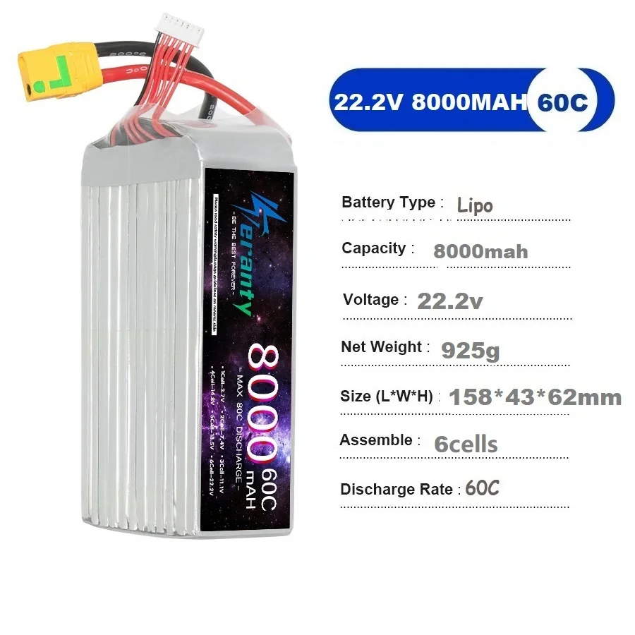 Batterie LiPo 6S 22,2V 5000mAh 50C posée à côté d'un drone RC, avec étiquette indiquant les spécifications