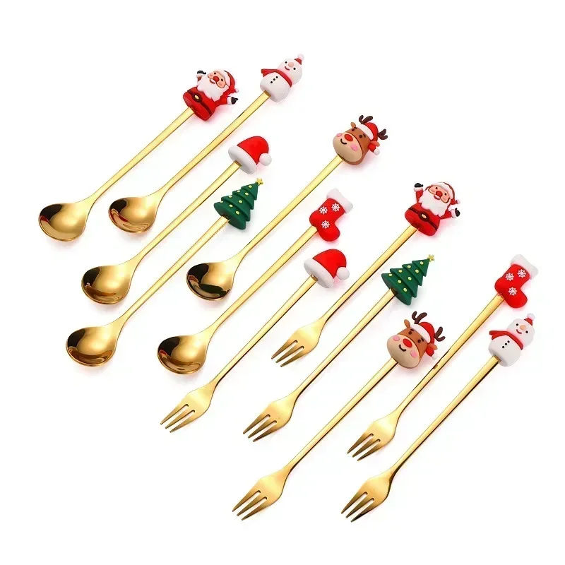 6/4/1PCS Christmas Gift Glod Spoon Fork Set Elk Christmas Tree Decoration Dessert Scoop Fruit Fork Coffee Spoon Cutlery Set cutlery set,western style cutlery set,picnic cutlery set,stainless steel cutlery set,camping cutlery set,wooden cutlery set