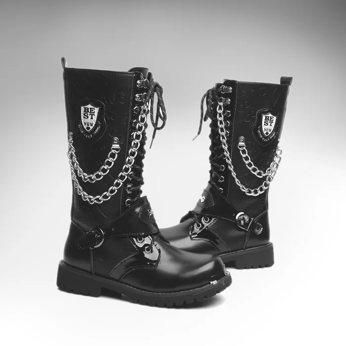 Men Fashion Motorcycle Boots Mid-calf Boots Gothic Belt Punk Men Shoes Hightop Casual Zapatos Hombre leather boots,mens leather boots,motorcycle leather boots