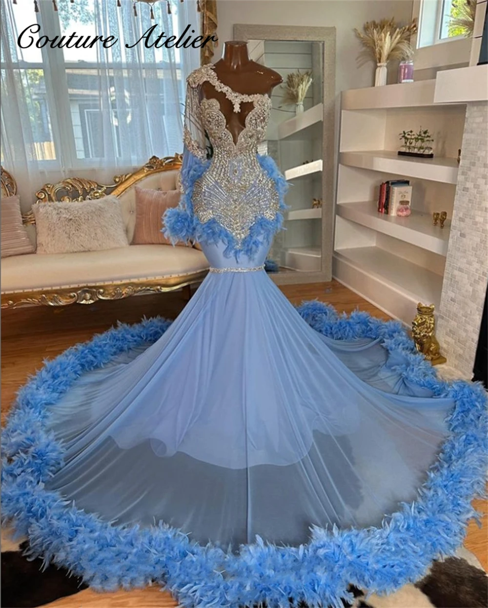 

Celebrity Blue Long Sleeve Sliver Crystal Beading Prom Dress For Black Girls Mermaid Evening Dresses Long Luxury 2024 Party Gown