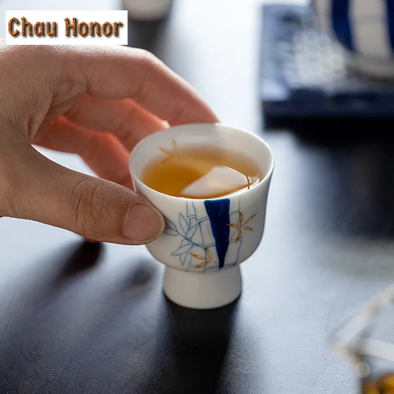 2pc/set Pure Hand-painted Blue Bamboo Ceramic Art Tea Cup Chinese Style Household White Porcelain Kung Fu Tea Master Cups 30ml