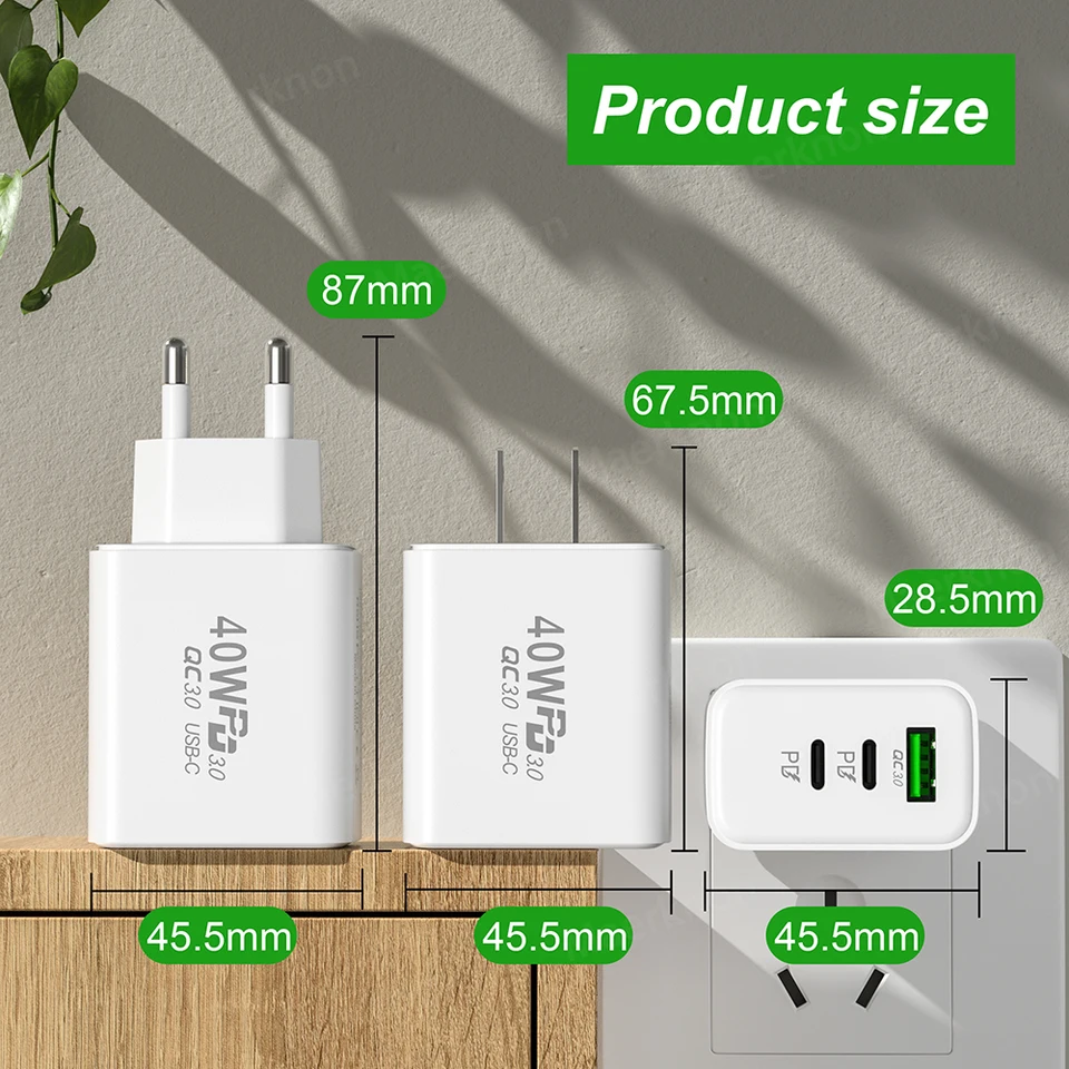 Caricatore USB C 3 Pack, 40W 4-Porto Presa USB Caricatore Multipla USB A + Caricatore Rapido Tipo C, Spina USBC Alimentatore Caricabatterie per iPhone 16 15 14 13 12 11 Pro Max XS XR X 8, Samsung