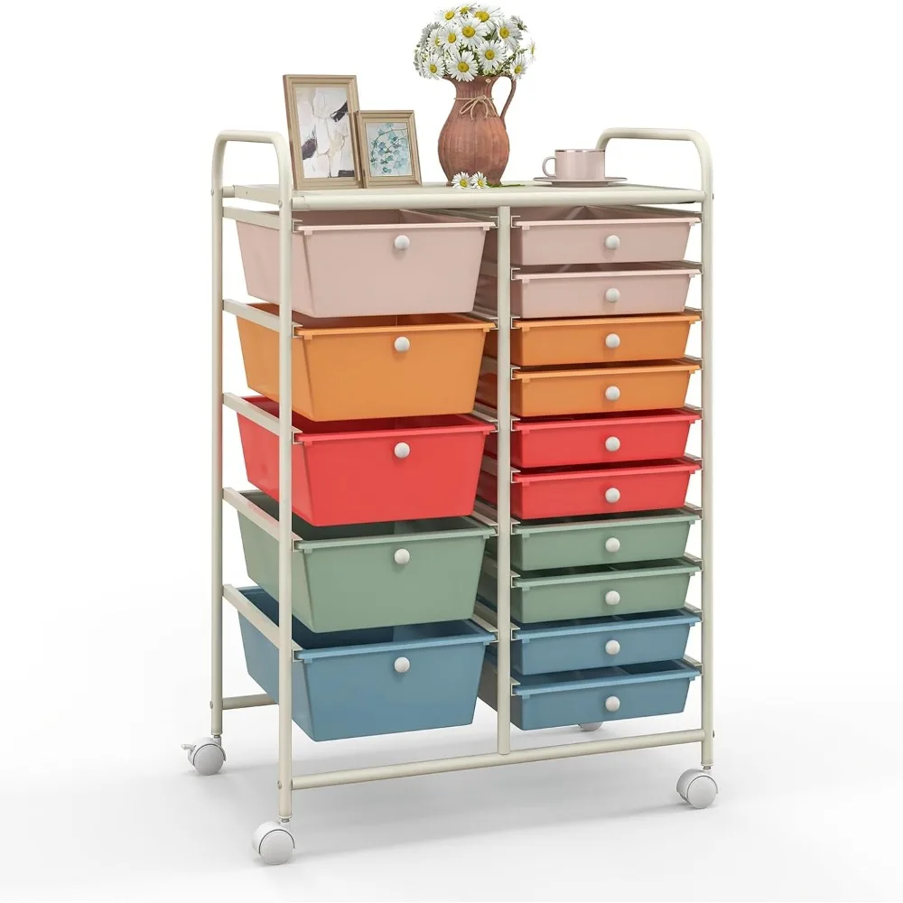 15 Drawers Rolling Cart, Storage Cart with Wheels, for Teacher Office Home School Supplies Tool Craft Art Paper