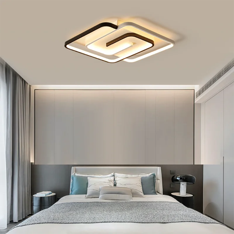Quarto LED Square Chandelier Light, Lâmpada moderna do teto, Dispositivo Interior, Sala de estar, Sala de jantar, Cozinha, Preto, Branco