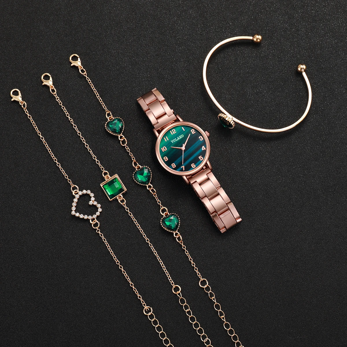 5PCs/Set Classic Style Watch Set Fashion Stainless Steel Dial Green Watch Bracelet Set 5