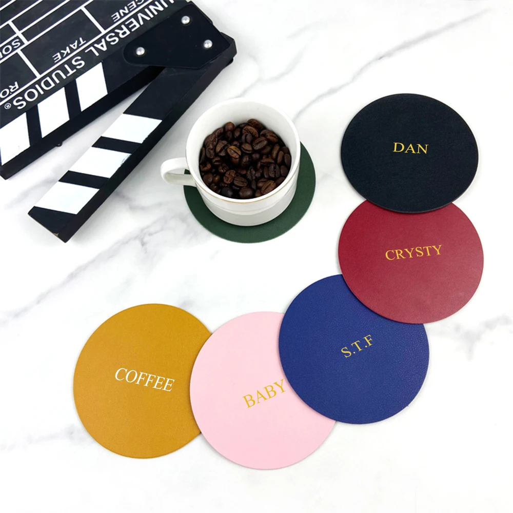 

Custom Letters Round Coffee Cup Mat Pad Luxury DIY PU Cafe Coaster Gift Heat Insulation Car Table Tea Glass Placemat Home Decor