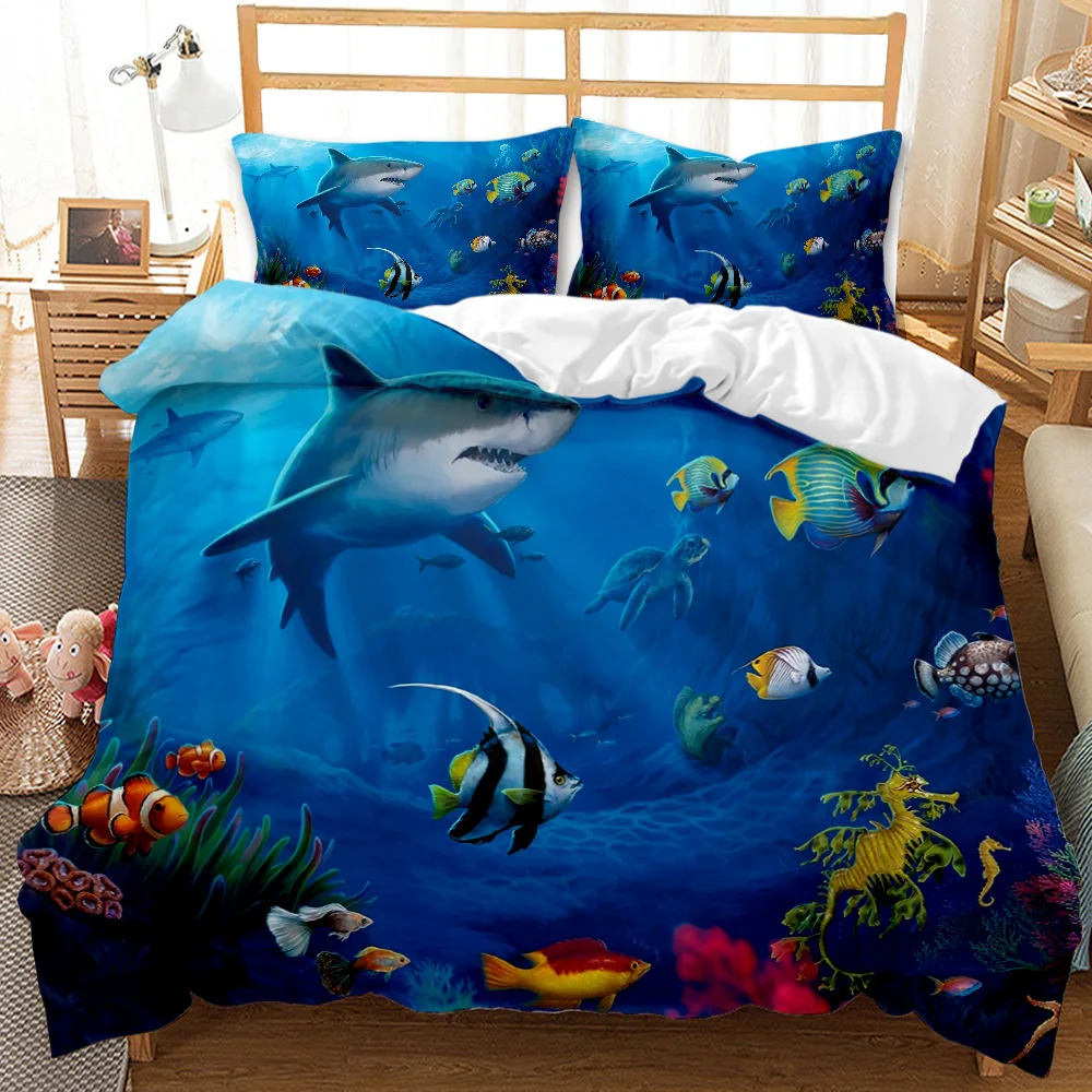 Shark Bedding Set King size for Girl Boys,tropical Marine Life ocean Fish,sea turtle and Rainbow Color Coral Printed Duvet Cover 