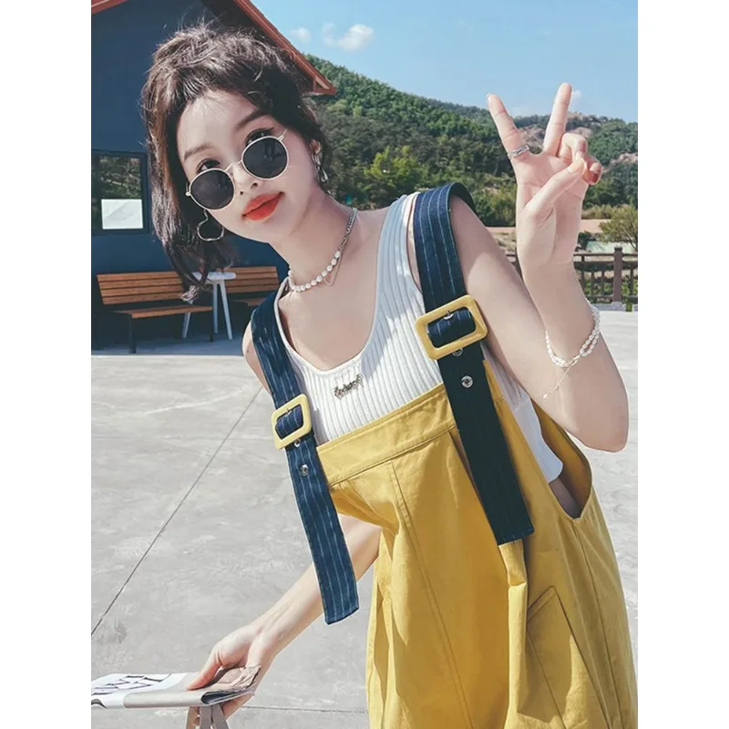 

2023 Spring Autumn Jumpsuit Women Loose Overalls Wide Leg Woman Long Jumpsuits Yellow Ladies Overalls for Women Streetwear Q487