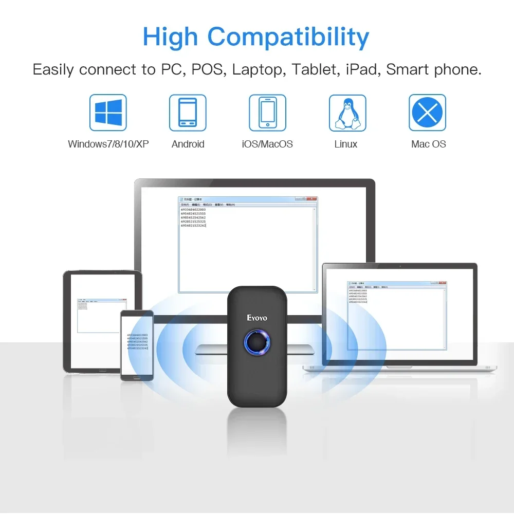 Eyoyo Mini Bluetooth 2D Barcode Scanner 3-in-1 1D QR PDF417 Data Matrix Bar Code Reader CCD Screen Scanning Phones Tablet PC