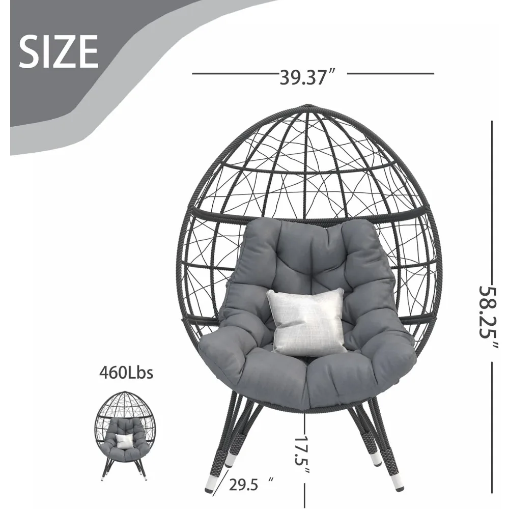 Oversize Wicker Egg Chair, Outdoor Indoor Egg Basket Lounge Chair w Large Cushion for Patio Backyard Garden Living Room (Grey) 2