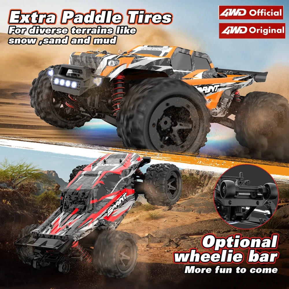 Buggy RC 4WD 2.4GHz en action, soulevant de la poussière sur un chemin rocailleux.