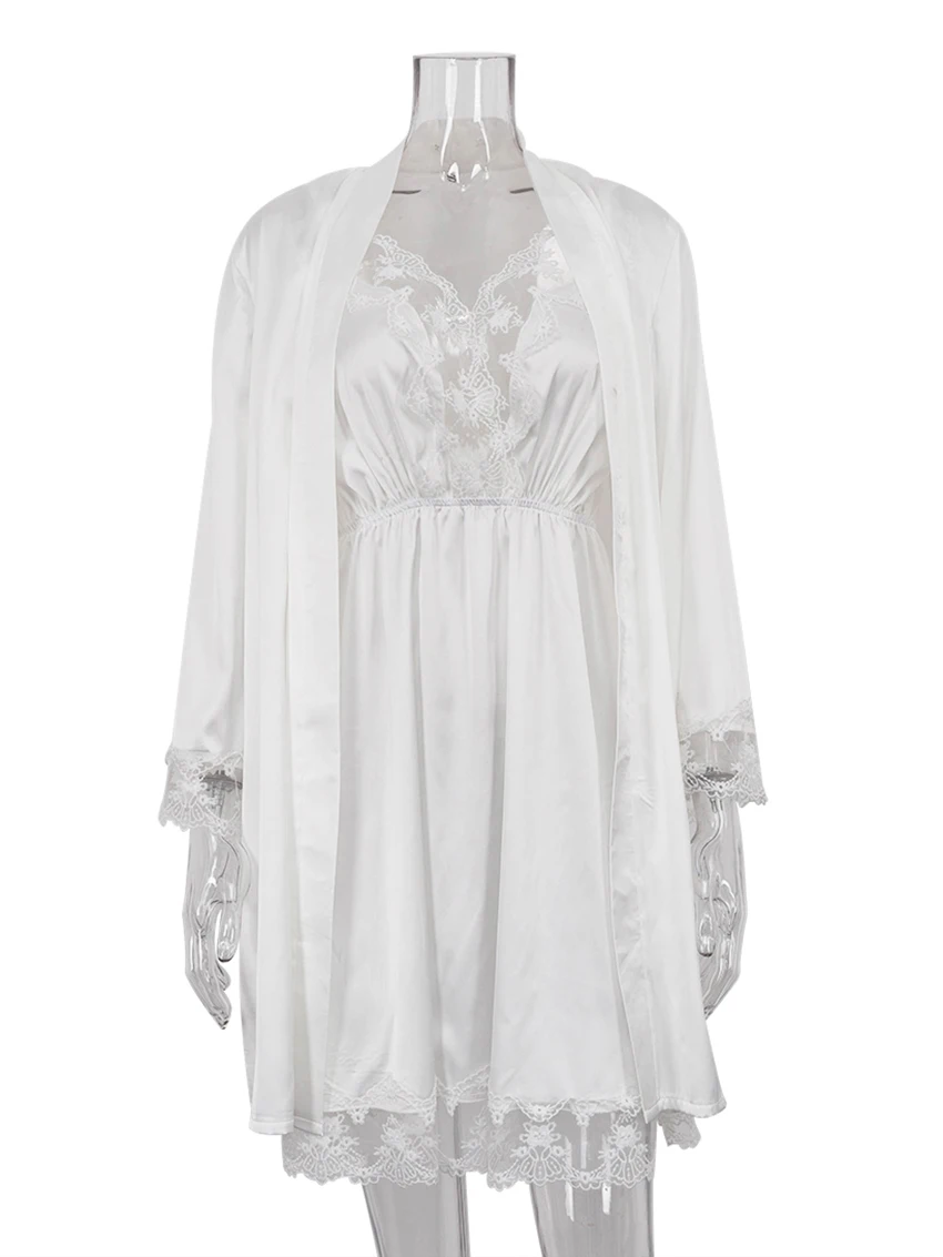 Marthaqiqi Lace Ladies Sleepwear Sexy Spaghetti Strap Nightgowns Long Sleeve Bathrobe V-Neck Lace Up Robe Home Clothes For Women