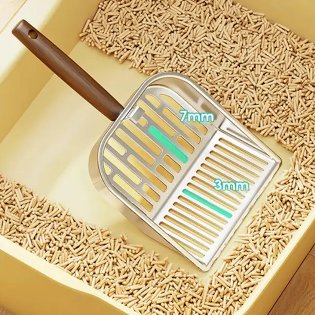 Stainless Steel Cat Litter Scoop Wooden Handle Hollow Design Litter Box Shovel Nonstick Surface Large Waste Removal Sifting Tool 4